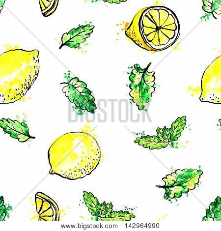 seamess pattern with hand drawn mint leaves and yellow lemons, background with ink and watercolor drawing aromatic green plants, fresh fruits and paint stains