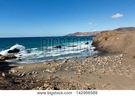 Rock coast near La Pared village on the south western part of Fuerteventura . Canary Islands Spain