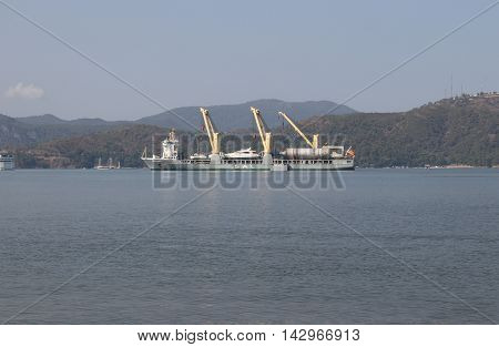 22ND JULY 2016, FETHIYE,TURKEY; The ANNIE-SOFIE general cargo ship which was built in 2008, moored in the port of Fethiye in Turkey, 22nd july 2016