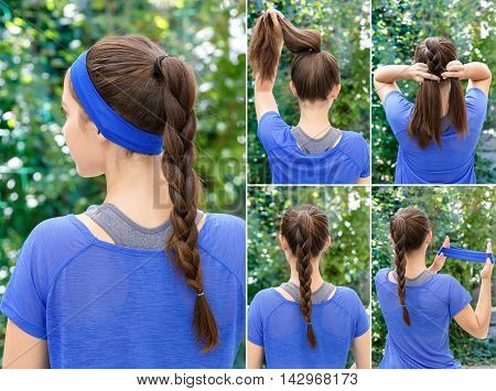 Hair tutorial. Hairstyle braid tutorial. Backstage technique of weaving plait. Hairstyle. Tutorial. Braided updo tutorial. Hairstyle for sports