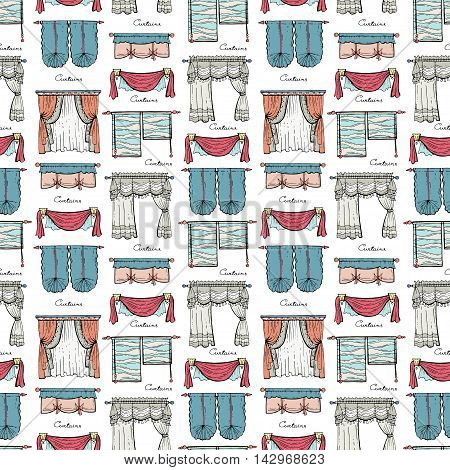 Vector seamless pattern with hand drawn colored curtains. Pattern on the theme of decoration interior. Background for use in design