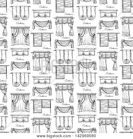Vector seamless pattern with hand drawn curtains on white color. Pattern on the theme of decoration and interior. Background for use in design, packing, web site, fabric