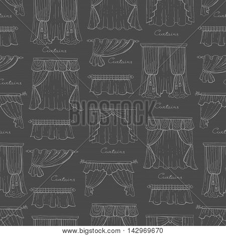 Vector seamless pattern with hand drawn isolated curtains on gray color. Pattern on the theme of decoration and interior. Background for use in design, packing, web site, fabric
