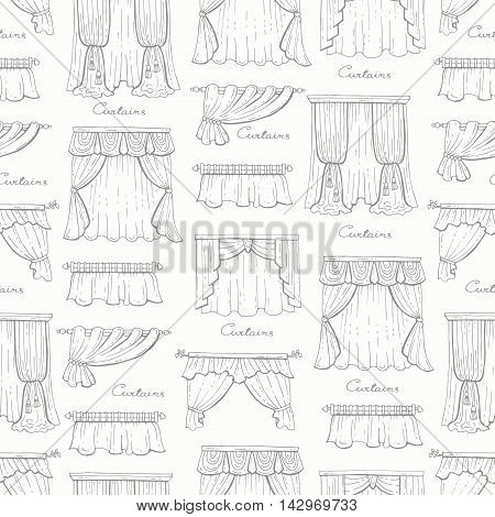Vector seamless pattern with hand drawn isolated curtains on white color. Pattern on the theme of decoration interior. Background for use in design