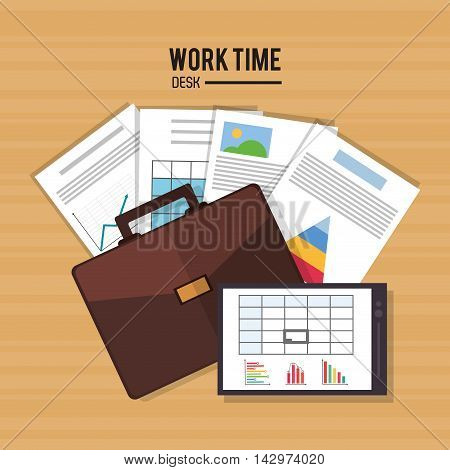 suitcase document infographic tablet worktime desk office supply icon. Colorful design. Vector illustration