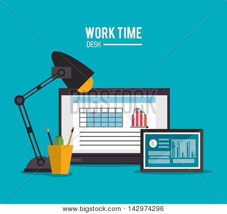 laptop infographic lamp tablet worktime desk office supply icon. Colorful design. Vector illustration