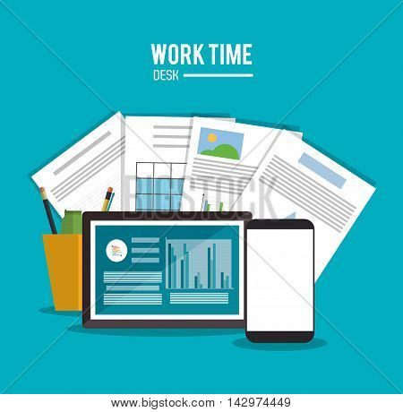 laptop infographic smartphone worktime desk office supply icon. Colorful design. Vector illustration
