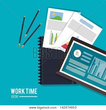 tablet infographic notebook worktime desk office supply icon. Colorful design. Vector illustration