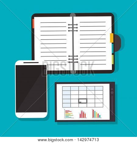 tablet infographic notebook smartphone worktime desk office supply icon. Colorful design. Vector illustration