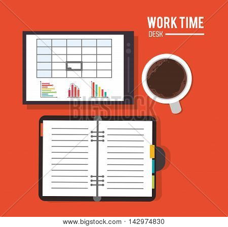 notebook document infographic tablet mug worktime desk office supply icon. Colorful design. Vector illustration