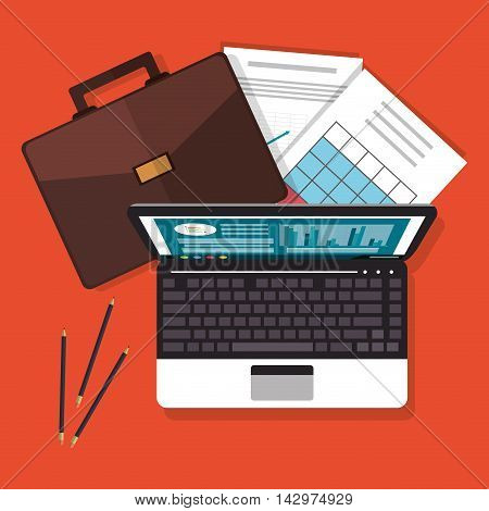 suitcase document infographic laptop worktime desk office supply icon. Colorful design. Vector illustration