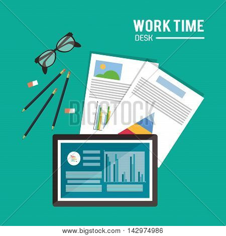 tablet infographic glasses pencil worktime desk office supply icon. Colorful design. Vector illustration