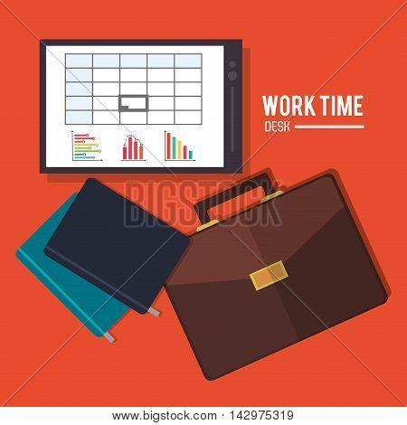 suitcase document infographic tablet worktime desk office supply icon. Colorful design. Vector illustration