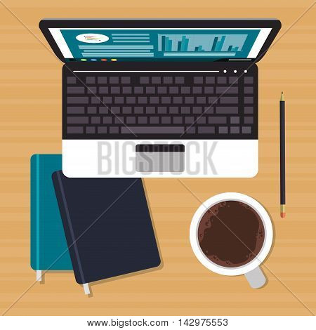 laptop infographic mug worktime desk office supply icon. Colorful design. Vector illustration