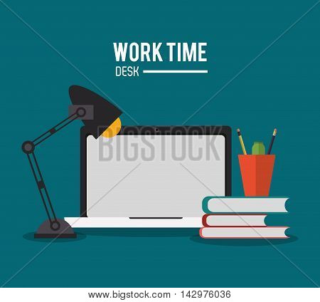 laptop lamp books worktime desk office supply icon. Colorful design. Vector illustration