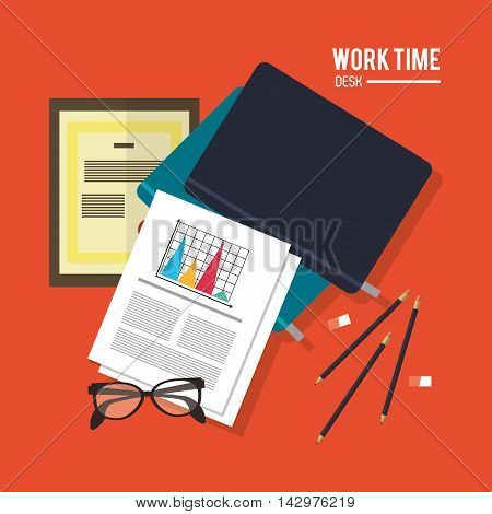 notebook document infographic pencil glasses worktime desk office supply icon. Colorful design. Vector illustration