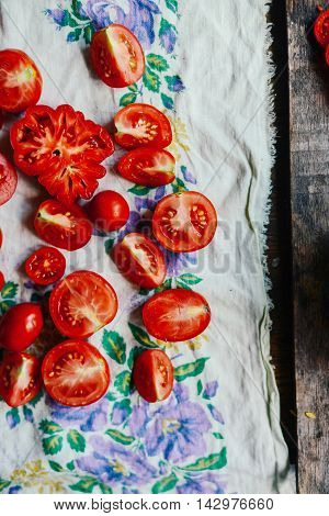 Tomato On Wooden Table. Freshly Picked Red Tomatoes. Variation O