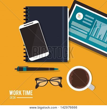 tablet infographic notebook smartphone mug worktime desk office supply icon. Colorful design. Vector illustration