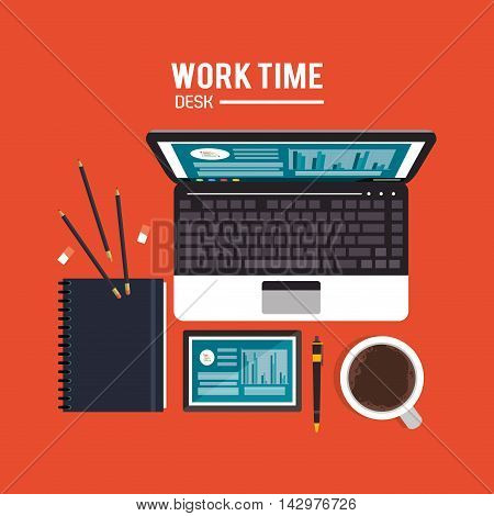 laptop mug tablet infographic worktime desk office supply icon. Colorful design. Vector illustration
