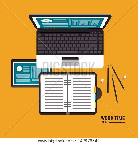 laptop notebook tablet infographic worktime desk office supply icon. Colorful design. Vector illustration