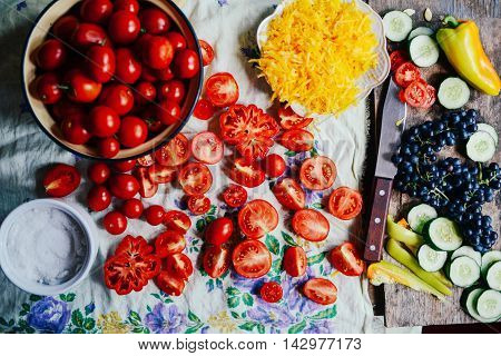 Tomato On Wooden Table. Freshly Picked Red Tomatoes. Variation O