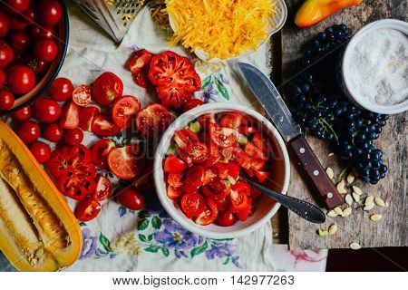 Tomato On Wooden Table. Freshly Picked Red Tomatoes. Variation O