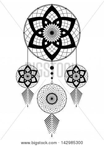 amulet of the Dreamcatcher from the four round elements and feathers on a white background