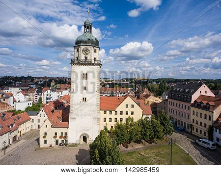 Aerial View to Nikolai Church tower in Altenburg Thuringia