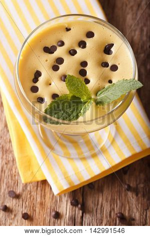 Italian Dessert Cream Zabaione With Chocolate Drops Closeup. Vertical Top View