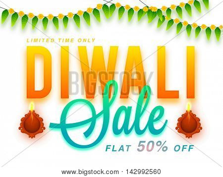 Biggest Diwali Sale Poster, Elegant Flyer, Special Offer Banner, Flat Discount Upto 50% for Limited Time Only, Vector illustration with Illuminated Lit Lamp for Indian Festival of Lights.