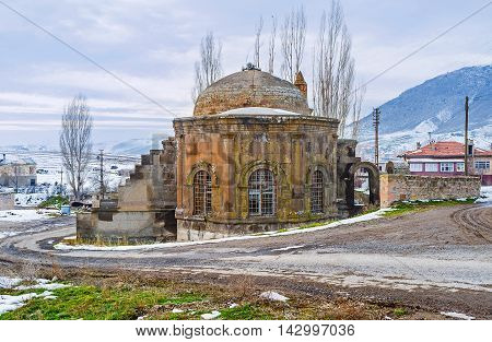 The preserved Seljuk Selcuclu Camii (Mosque) in Chardak village in mountains of Cappadocia Turkey.