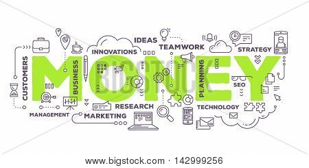 Vector creative illustration of money word lettering typography with line icons and tag cloud on white background. Payment technology concept. Thin line art style design for payment technology theme