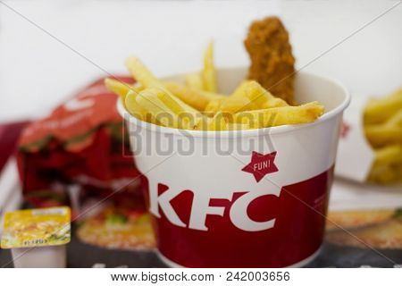 Ukraine, Kiev,05.13.2018: Delicious Fast Food In Supermarket. Kfc Fried Chiken, French Fries, Cheese