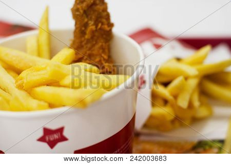 Ukraine, Kiev,05.13.2018: Delicious Fast Food In Supermarket. Kfc Fried Chiken, French Fries.america