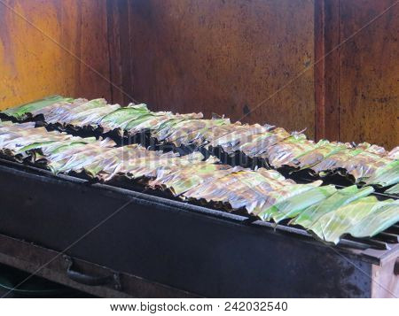 Jakarta, Indonesia - March 26, 2017: Otak-otak, A Grilled Fish Cake Made Of Ground Fish Meat Mixed W