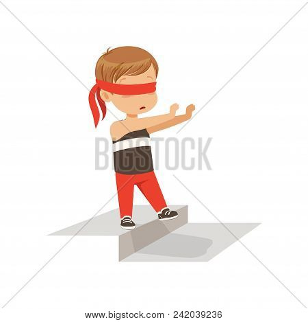 Boy Blindfolded Standing Alone On A Ladder Rung Vector Illustration Isolated On A White Background.