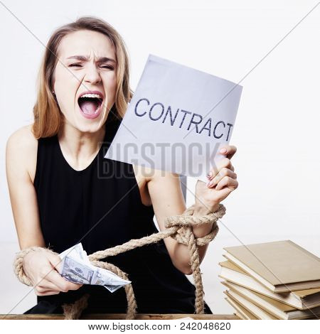 Mortgage Slave. A Young Beautiful Woman Screams Out Of Pain. The Problem Of Lack Of Money And Failur