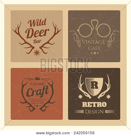Vintage Hipster Labels Set. Trendy Grunge Logo Collection Vector For Cafe And Brand Illustration