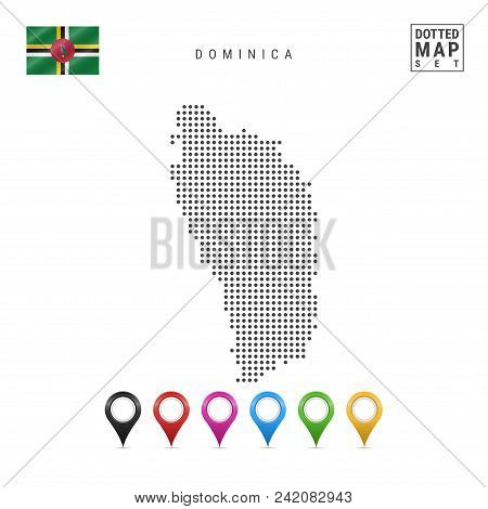 Dotted Map Of Dominica. Simple Silhouette Of Dominica. The National Flag Of Dominica. Set Of Multico