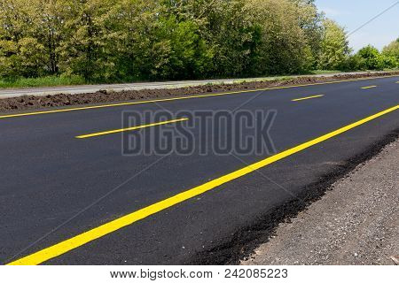 New Empty Road With Green Trees On Sides