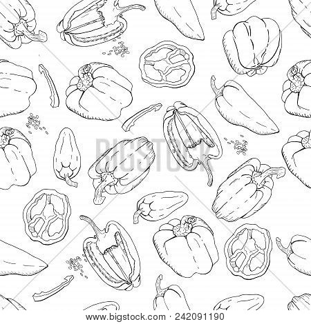 Seamless Pattern With Bell Peppers. Black And White.