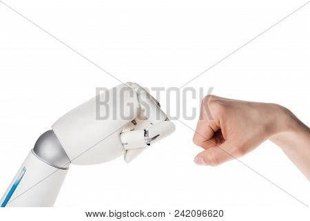 Cropped Shot Of Robot And Human Making Bro Fist Gesture Isolated On White