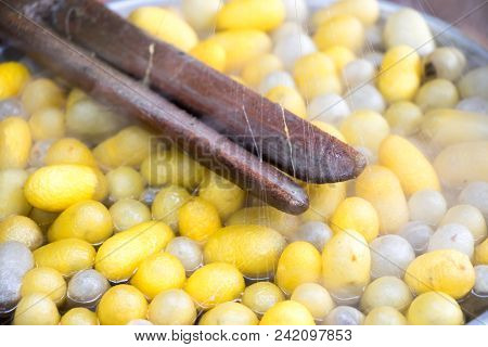 Closed Up Of Vintage Method For Silk Reeling And Yellow And White Cocoon On Hot Water Background