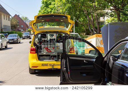 Hannover / Germany - May 21, 2018: Service Car From Adac, German Automobile Club Stands On A Street.