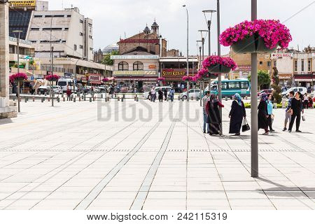 Konya, Turkey - May 7, 2018: People On Muze Alani Square In Center Of Konya City. Konya Is A Major C