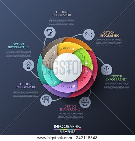Circular Diagram Divided Into 6 Multicolored Spiral Sectors Connected With Thin Line Icons And Text 