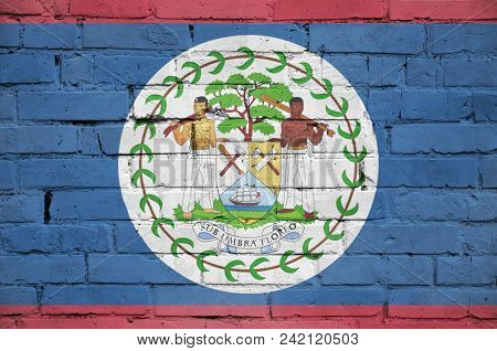 Belize Flag Is Painted Onto An Old Brick Wall