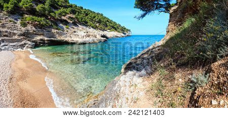 Summer Baia Della Pergola Small Calm Quiet Beach, Gargano Peninsula In Puglia, Italy. Two Shots Stit