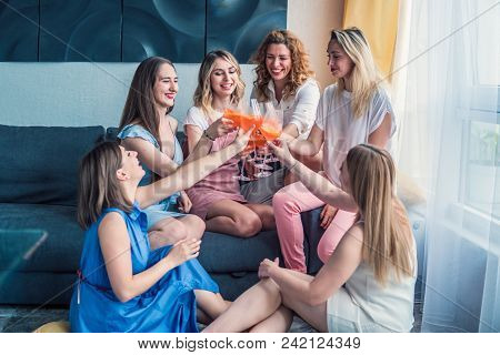 Girls Party. Beautiful Women Friends Having Fun At Bachelorette Party. They Are Celebrating And Drin