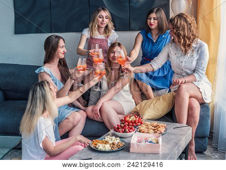 Girls Party. Beautiful Women Friends Having Fun At Bachelorette Party. They Are Celebrating And Drin